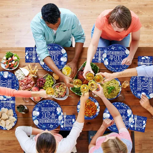 Miniatura 6 de Kepeel Juego de vajilla de 96 piezas para fiesta de 16º cumpleaños, decoraciones y suministros azul y plateado Feliz 16º Cumpleaños para niños