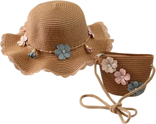 Sombrero de paja para bebé niña + bolsa de playa para niñas, sombrero de paja para niños, sombrero, sombrero de flores para niños