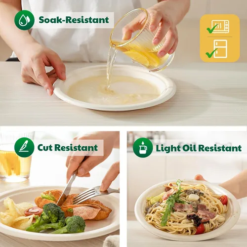 Miniatura 5 de Biodegradable Bagasse - 125 platos de papel compostables, platos desechables resistentes de 6 pulgadas, platos de postre a granel para fiestas