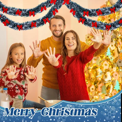 Miniatura 2 de Riceshoot Guirnalda de oropel de Navidad de 131.23 pies con lazo rojo metálico brillante colgante guirnalda para fiesta de Navidad, árbol, escalera