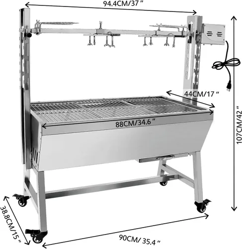 Miniatura 2 de Parrilla de barbacoa al aire libre de 25 W, 37 pulgadas, con rotisserie para cerdo, cordero y cabra - Parrilla de carbón con asador de acero
