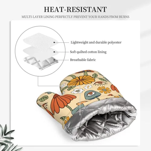 Miniatura 4 de Juego de 4 manoplas de horno y soportes para ollas retro de los años 70 con diseño de hongos hippie, de silicona, resistentes al calor, guantes