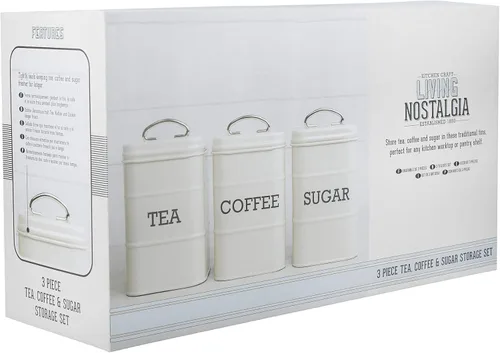 Miniatura 6 de Kitchen Craft Living Nostalgia - Recipientes para té, café y azúcar en caja de regalo, acero, crema antigua, juego de 3 piezas, mediano