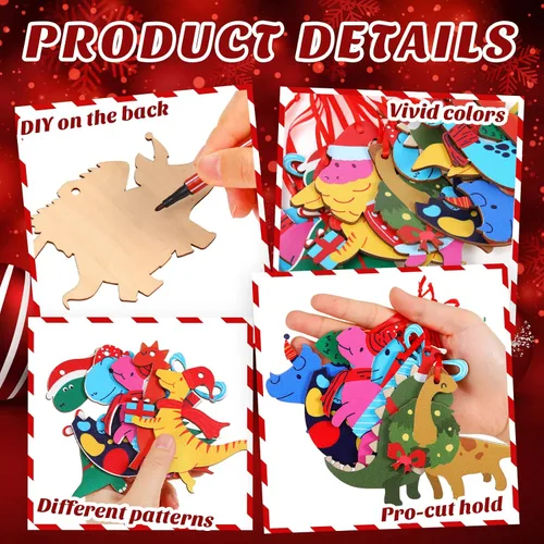 Miniatura 7 de 48 piezas de adorno de dinosaurio de Navidad para niños, adornos de dinosaurio de madera, figuras de dinosaurio, adorno colgante de madera
