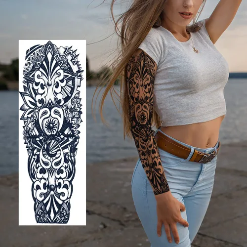 Miniatura 4 de Tatuajes temporales de flor de tótem negro y calavera - 8 hojas de tatuajes realistas de manga para hombres y mujeres, tatuaje falso grande