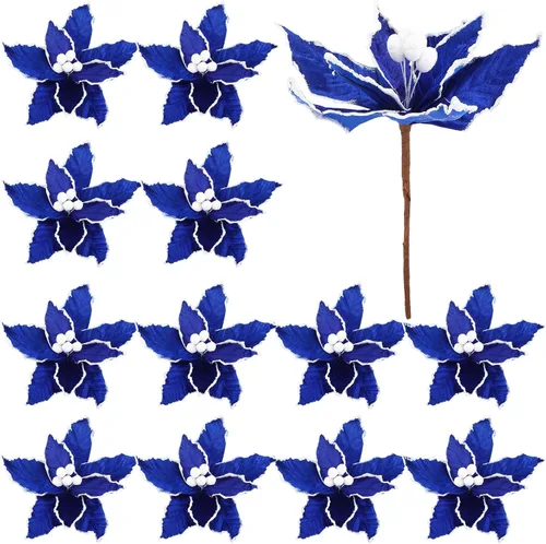 Miniatura 12 de Zeyune 6 Piezas Flores de Pascua Azules de Navidad Artificiales Grandes Espinas de Pascua Falsas Flores de Franela con Borde Helado para Adornos