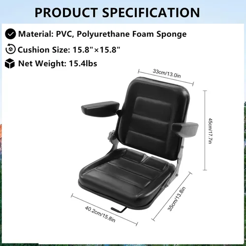 Miniatura 7 de Gdrasuya10 Asiento universal de tractor, negro, respaldo ajustable (30-180), puntos de masaje, material de PVC, compatible con la mayoría