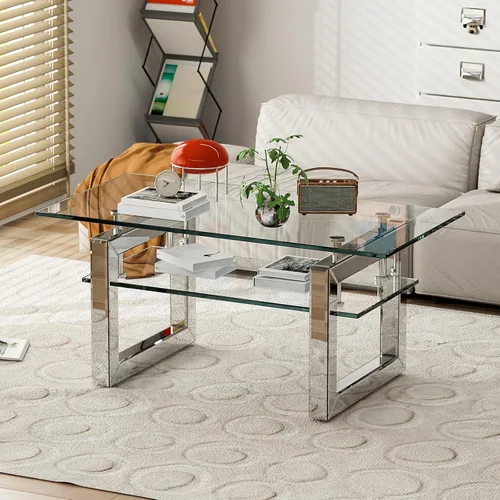 Miniatura 10 de IKIFLY Mesa de centro de cristal con tablas de vidrio de 2 niveles y patas de metal resistentes, mesa auxiliar rectangular de vidrio transparente