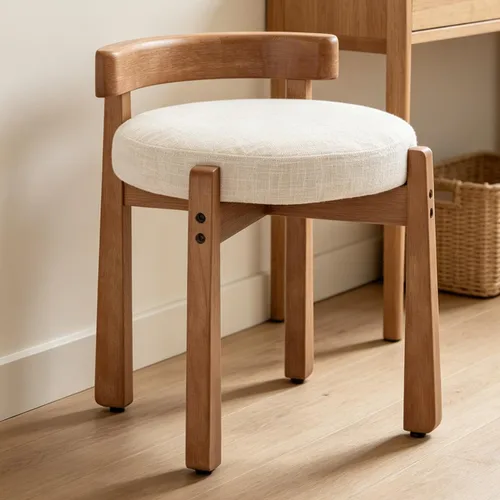 Miniatura 12 de DUOMAY Taburete de tocador de felpilla beige con respaldo bajo, altura del asiento de 18.75 pulgadas, otomana redonda tapizada, patas de goma