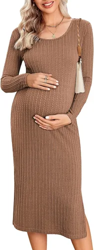 Ekouaer Maternity Dress Rib Knit Long Sleeve Side Slit Bodycon Dresses Pregnancy Baby Shower Clothes S-XXL