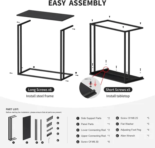 Miniatura 8 de Mesa auxiliar en forma de C, moderna mesa auxiliar con marco de metal, diseño que ahorra espacio para sala de estar, mesa de sofá de superficie Negro
