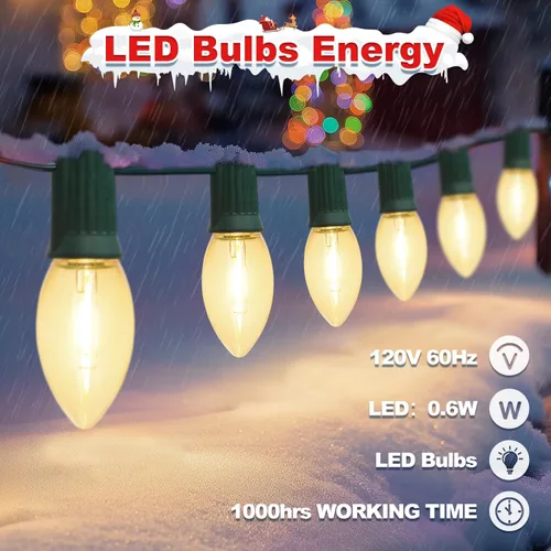 Miniatura 8 de USOKYO 20 bombillas LED C9 de 30 pies, luces LED de Navidad para exteriores, bombillas LED blancas cálidas, impermeables, conectables, luces