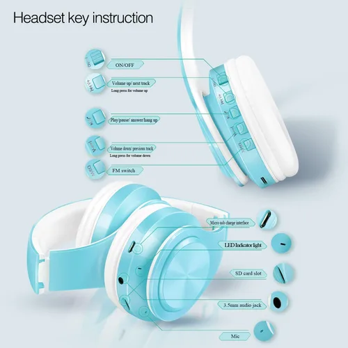 Miniatura 8 de RAT TAIL V5.0 Auriculares Bluetooth sobre la oreja, auriculares estéreo inalámbricos y con cable plegables micro SD/TF, FM para teléfono celular