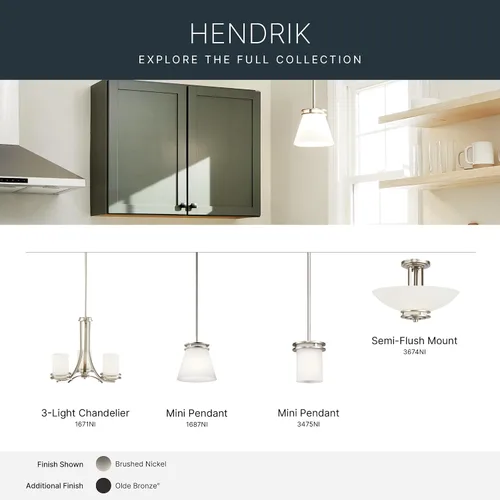 Miniatura 8 de Kichler Hendrik - Mini lámpara colgante de 1 luz con cristal de ópalo grabado satinado en níquel cepillado para cocina, isla y comedor
