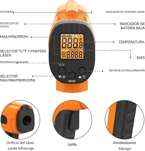 Miniatura 8 de ThermoPro Pistola de termómetro infrarrojo TP30, termómetro láser para cocinar, horno de pizza, plancha, motor, HVAC, pistola de temperatura láser