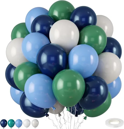 Globos de látex azul marino, azul oscuro, verde y blanco, 12 pulgadas, con cinta para cumpleaños, baby shower, safari en la selva, decoraciones de