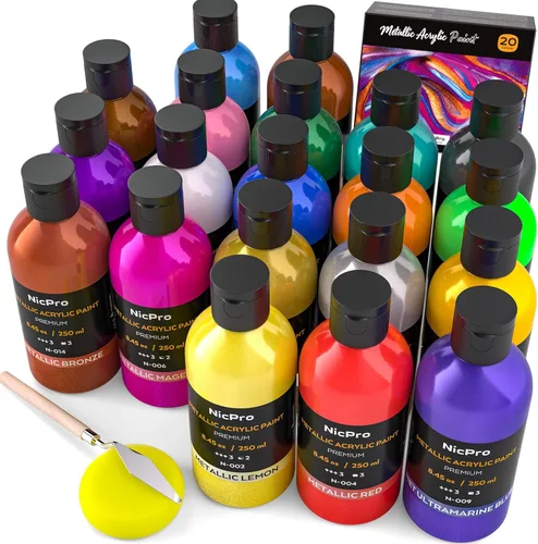 Nicpro Juego de pintura acrílica metálica (8.45 oz, 250 ml), 20 colores de pintura acrílica grande a granel, suministros de pintura de arte no 20