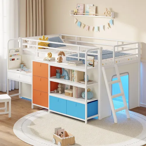 Miniatura 10 de DICTAC Cama alta baja con tobogán, escalera de almacenamiento y luces LED, cama alta de metal tamaño individual con espacio de juego debajo