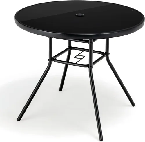 Miniatura 13 de Tangkula Mesa de Comedor Redonda de Vidrio para Patio de 27.5 Pulgadas con Agujero para Sombrilla de 1.57", Marco de Metal Resistente, Mesa Auxiliar
