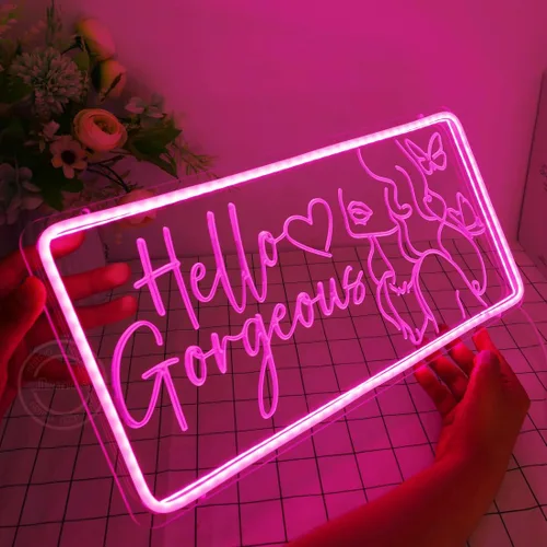 Miniatura 6 de Britrio Letrero de neón Hello Gorgeous para decoración de pared, luz de neón LED rosa, señal de pared de mariposa en forma de corazón