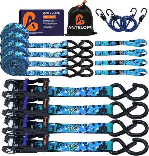 Miniatura 14 de Juego de correas de amarre de trinquete, resistencia a la rotura de 2100 libras, paquete de 4 correas de trinquete resistentes de 1 pulgada x 15