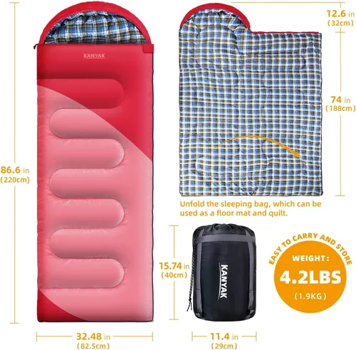 Miniatura 2 de Saco de dormir de campamento, sacos de dormir de 32 ℉ para adultos, niños, adolescentes, clima frío, cálido saco de dormir de invierno para 3-4 Rojo