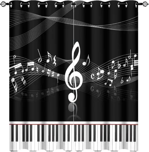 Miniatura 16 de Cortinas opacas de oscurecimiento de habitación con ojales, diseño rústico de símbolos musicales blancos y negros, tratamiento de ventana
