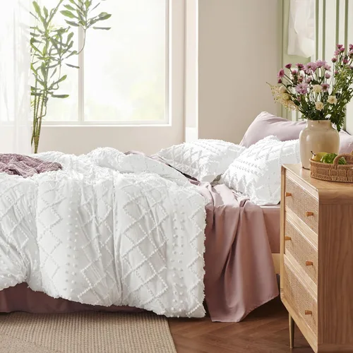 Miniatura 4 de Bedsure Juego de edredón tamaño individual, juego de ropa de cama bohemio con copetudo, estilo bohemio, desgastado y elegante, juego de ropa de cama