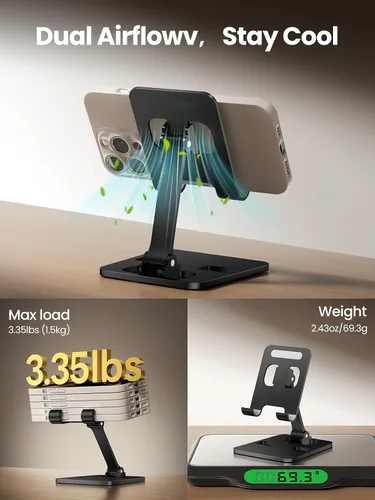Miniatura 4 de Soporte de teléfono para escritorio, soporte plegable doble para teléfono celular, soporte portátil totalmente ajustable para iPhone 17, 16, 15, 14