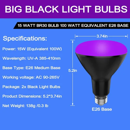 Miniatura 2 de BR30 - Paquete de 2 bombillas UV negras para fiesta brillante, 15 W (equivalente a 100 W), E26 UVA 385-410 nm, bombilla LED grande de luz negra