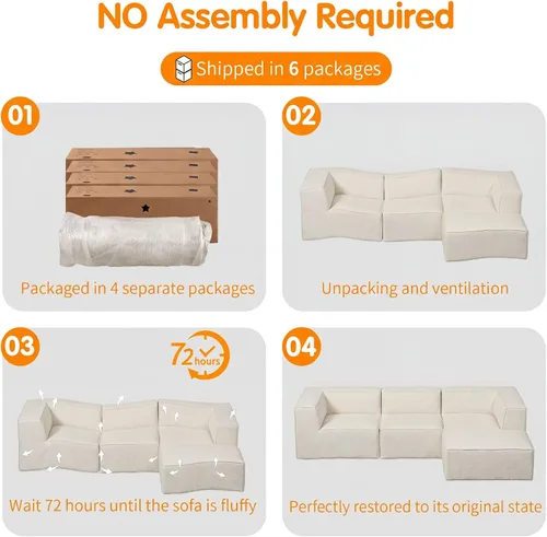 Miniatura 8 de Sofá Seccional Comprimido de 106" Sofás Modulares en Forma de L con Chaise, Espuma de Alta Densidad Sin Ensamblaje Requerido, 4 Piezas