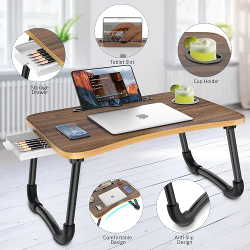 Miniatura 3 de Zapuno Mesa de cama plegable para laptop, mesa multifunción con cajón de almacenamiento y soporte para botella de agua, bandeja de servir mesa