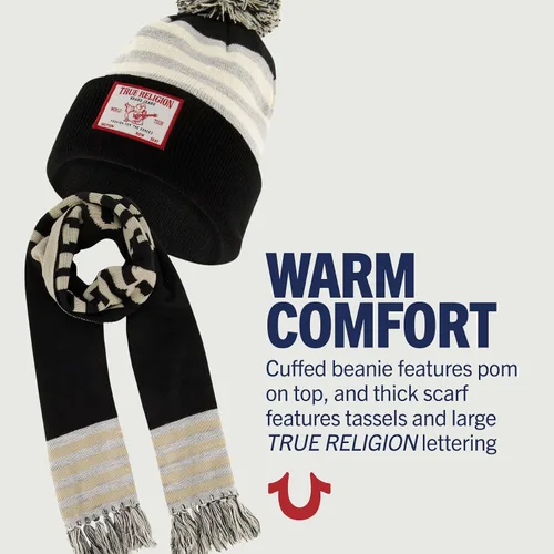 Miniatura 3 de True Religion - Conjunto de gorro y bufanda, gorro de punto con relleno de invierno con pompones y bufanda estilo estadio