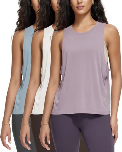 Miniatura 8 de ODODOS Paquete de 3 camisetas sin mangas sueltas para mujer, camisetas sin mangas para gimnasio, atletismo, entrenamiento, camisetas de yoga