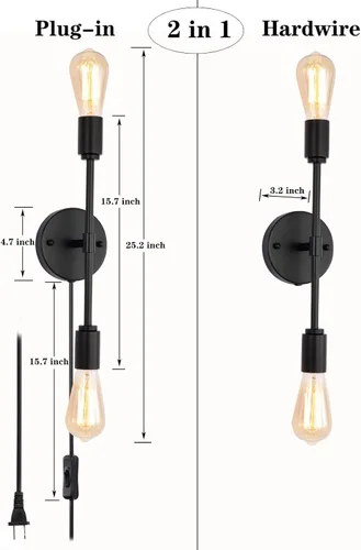 Miniatura 5 de Lámparas de tocador de baño negras de 2 luces, modernas lámparas de pared industriales con cable de interruptor de encendido/apagado, juego de dos