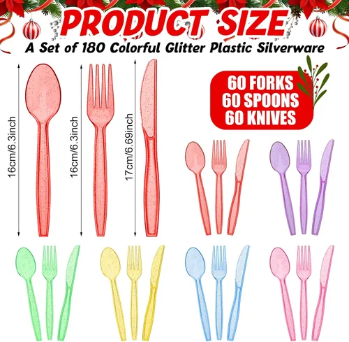 Miniatura 2 de Lasnten Juego de cubiertos de plástico con purpurina de 180 piezas, color rojo y verde, desechables, de plástico transparente, cubiertos
