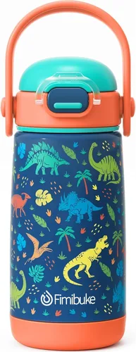 Miniatura 19 de Fimibuke Botella de agua aislada para niños con tapa con pajita y asa - 14 onzas, sin BPA, acero inoxidable 18/8, recipiente de metal, a prueba