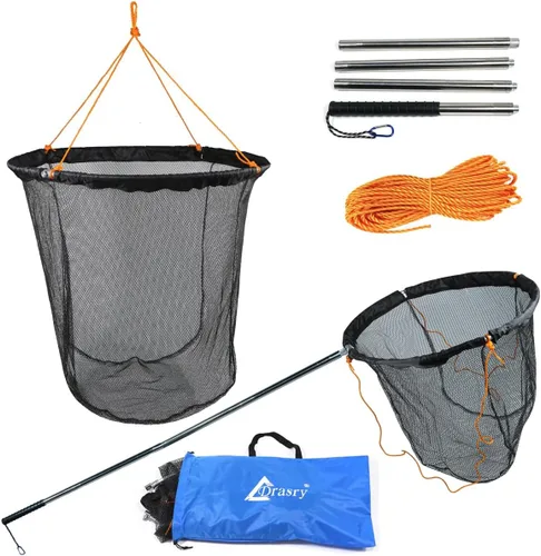 Drasry Red de pesca grande plegable para puente y muelle, red de aterrizaje con caña, anillo de goteo de aluminio de alta carga para pesca en muelle