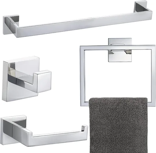 Miniatura 9 de Conjuntos de Soportes para Toalleros de Baño Negro y Pulido, Juego de Ferretería de Baño de 4 Piezas de Acero Inoxidable, Kit de Accesorios de Baño.