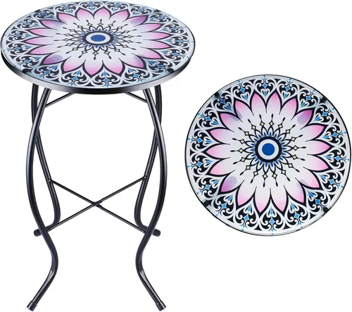 Miniatura 15 de VCUTEKA Mesa Auxiliar para Exteriores Mesa Auxiliar de Mosaico Mesa Auxiliar para Patio Mesa Auxiliar Pequeña con Tapa de Vidrio Mesa de Centro