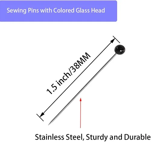 Miniatura 2 de Alfileres de costura para costura, 500 unidades, alfileres rectos con cabezas de vidrio de colores (1-1/2 pulgadas), ideales para acolchar y tela