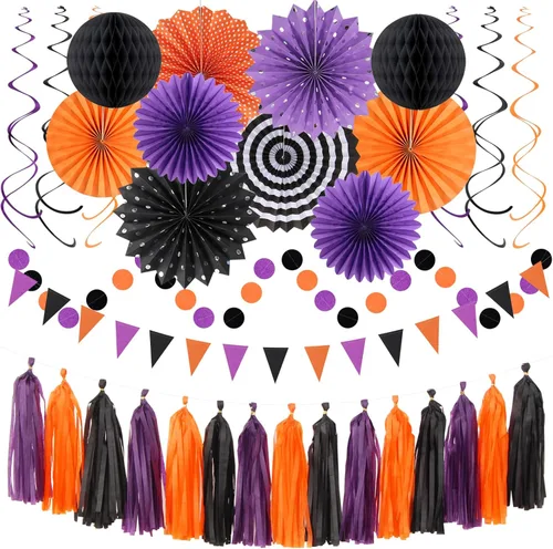 Miniatura 14 de Kits de decoración para fiestas negro blanco-plata - 33 piezas, banderas, guirnaldas con borlas para graduación, pompones de papel de seda tipo