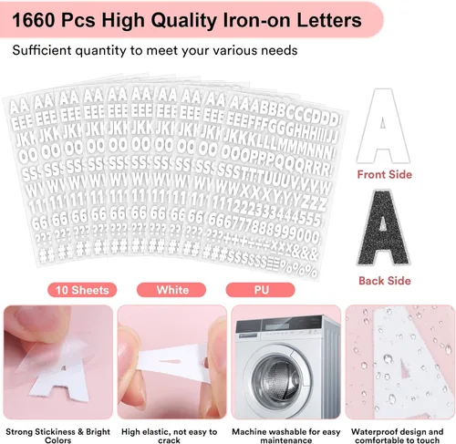 Miniatura 3 de 10 hojas 1660 piezas letras y números termoadhesivos para ropa, letras de vinilo termoadhesivas blancas de 1 pulgada con letras de transferencia