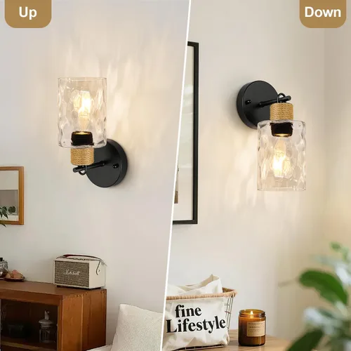 Miniatura 4 de MOKATNG Juego de 2 apliques de pared para baño, luces de tocador modernas costeras con pantalla de cristal, lámpara de pared negra para espejo
