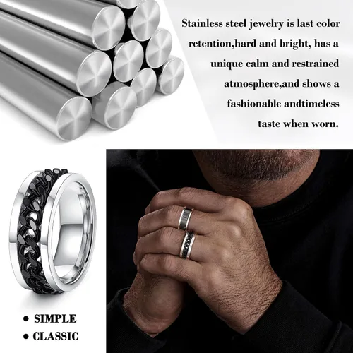 Miniatura 4 de Besteel Juego de 16 anillos giratorios de acero inoxidable para hombres y mujeres, anillos para aliviar el estrés y la ansiedad, color negro