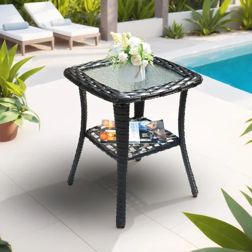 Miniatura 8 de ovios Mesa auxiliar al aire libre con parte superior de vidrio templado, mesas de centro de mimbre para patio con 2 niveles de almacenamiento
