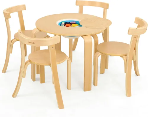 Bateso Juego de mesa redonda y 4 sillas para niños con bañera de almacenamiento, silla de mesa de madera para niños pequeños para arte,