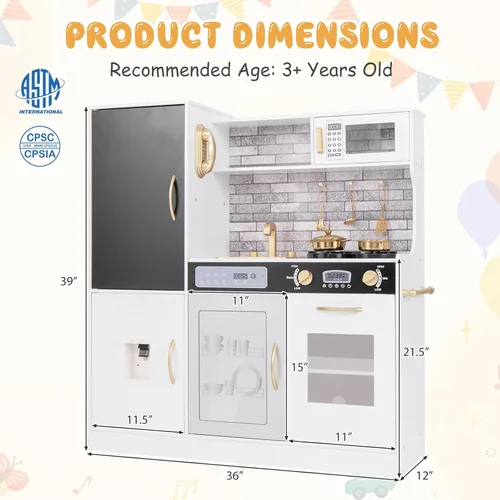 Miniatura 6 de Costzon Juego de Cocina para Niños, Set Grande de Juguete de Cocina de Chef de Madera con Sonidos y Luces Reales, Microondas, Pizarra, Horno, Blanco