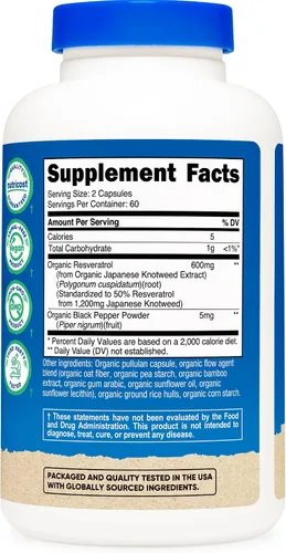 Miniatura 5 de Nutricost Resveratrol orgánico (600 mg) 120 cápsulas - USDA orgánico, certificado CCOF, vegano, sin OMG, sin gluten, 60 porciones