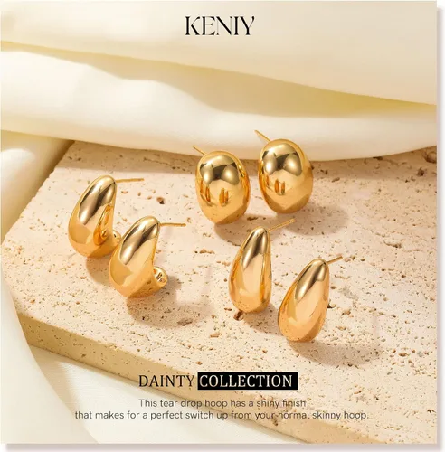 Miniatura 7 de Aretes de lágrima de oro para mujer, aretes de aro gruesos de oro para mujer, a la moda, hipoalergénicos, ligeros, grandes, huecos, abiertos